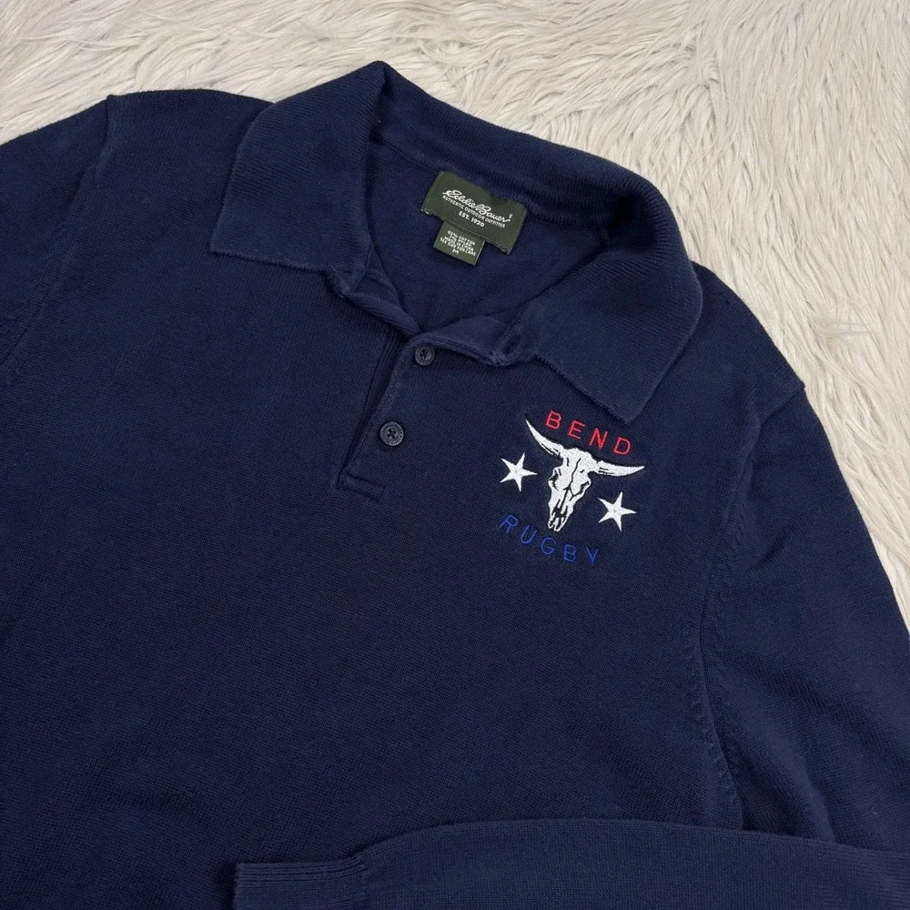Eddie Bauer Men's M Navy Henley Polo Sweater Bend Rugby Cow Skull Blokecore - Picture 2 of 5